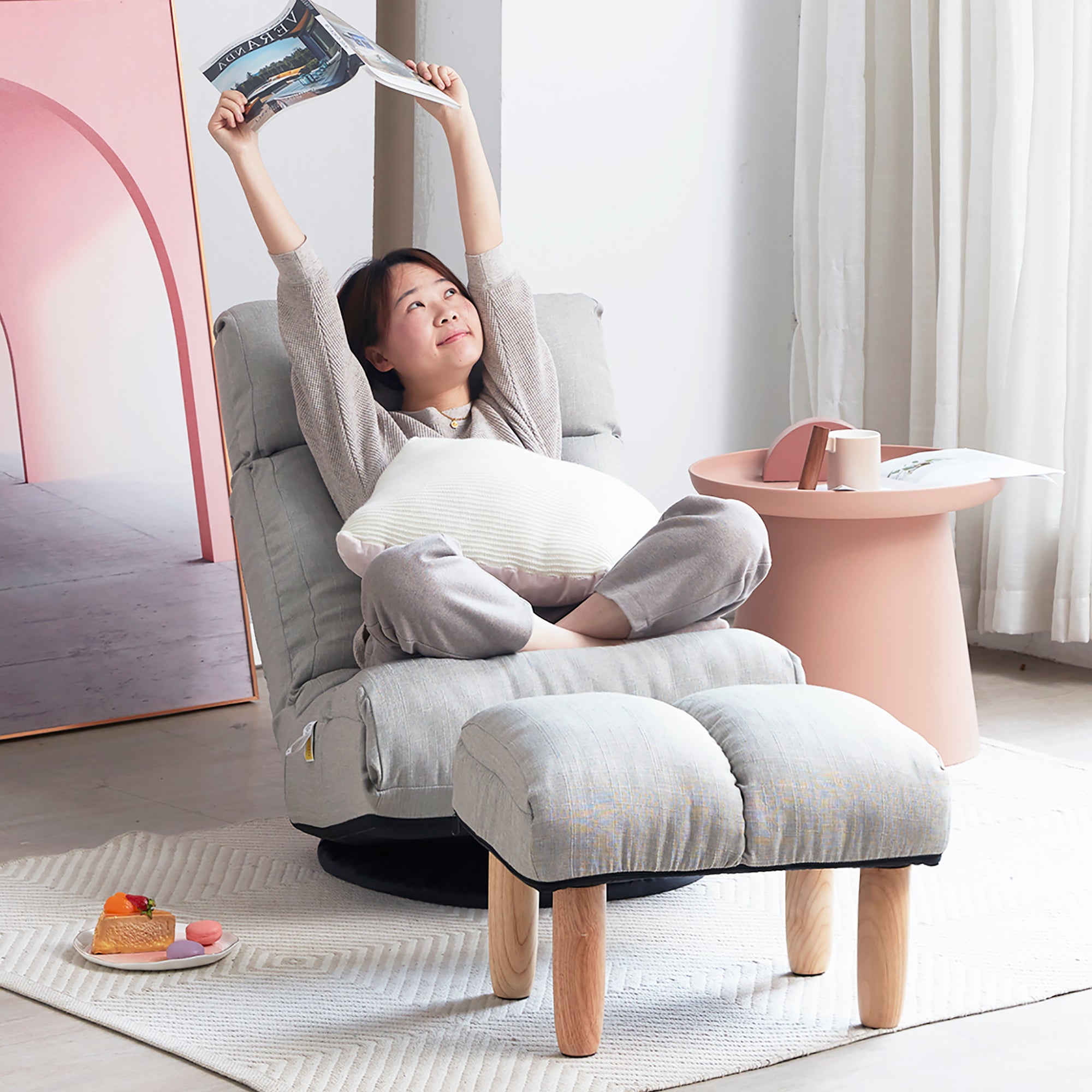 3 Adjustable Head Segments Single Sofa Reclining Japanese Style Leisure Accent Chair- Gray