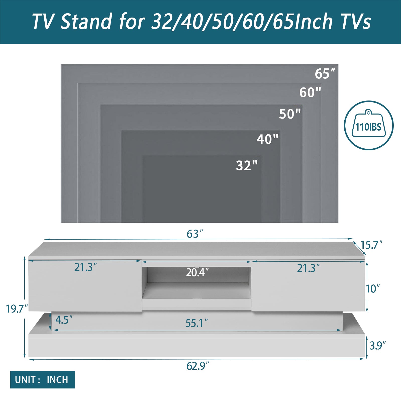 63 inches Modern and Simple Design Television Stand Organizing Cabinet with LED Light- White