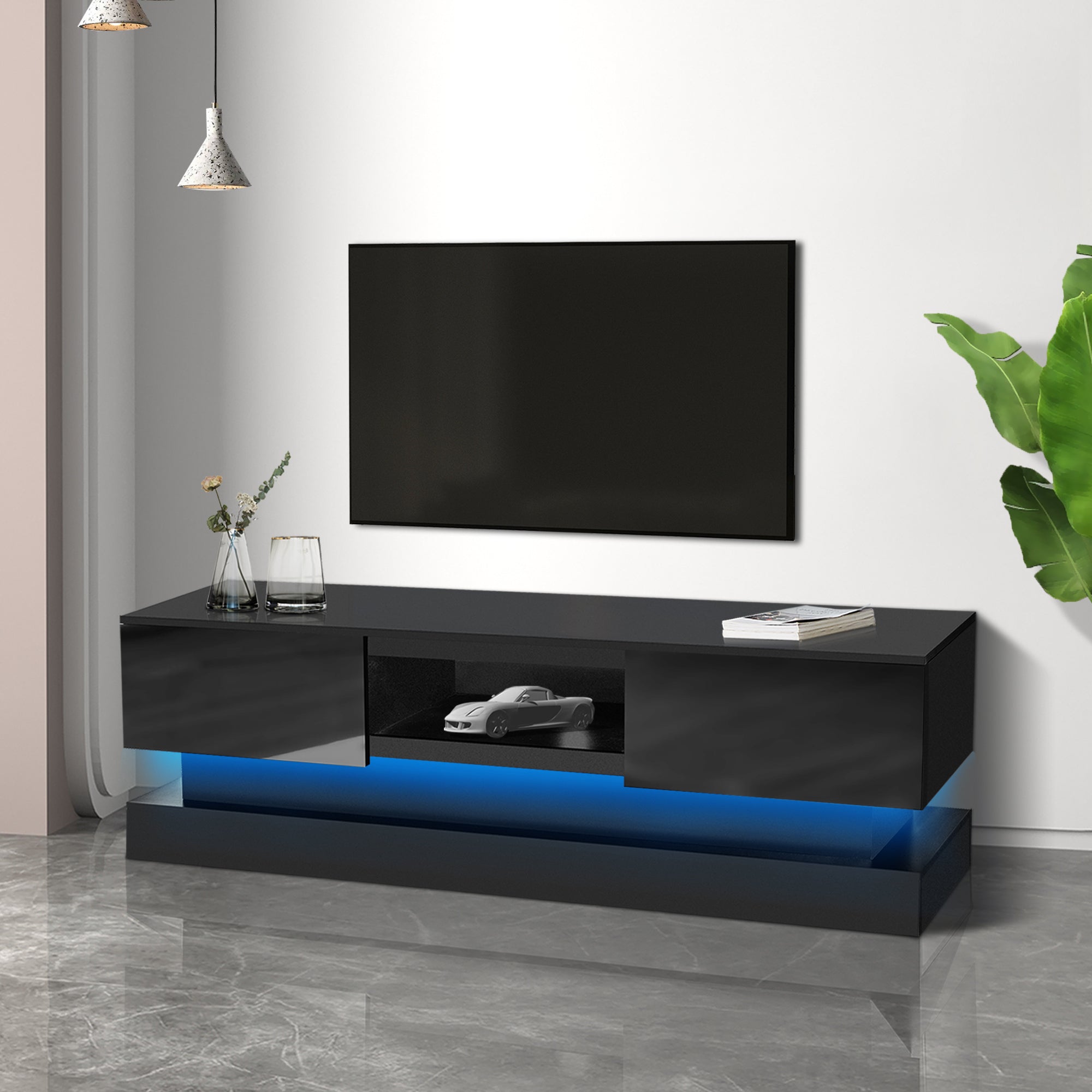 63 inches Modern and Simple Design Television Stand Organizing Cabinet with LED Light- Black