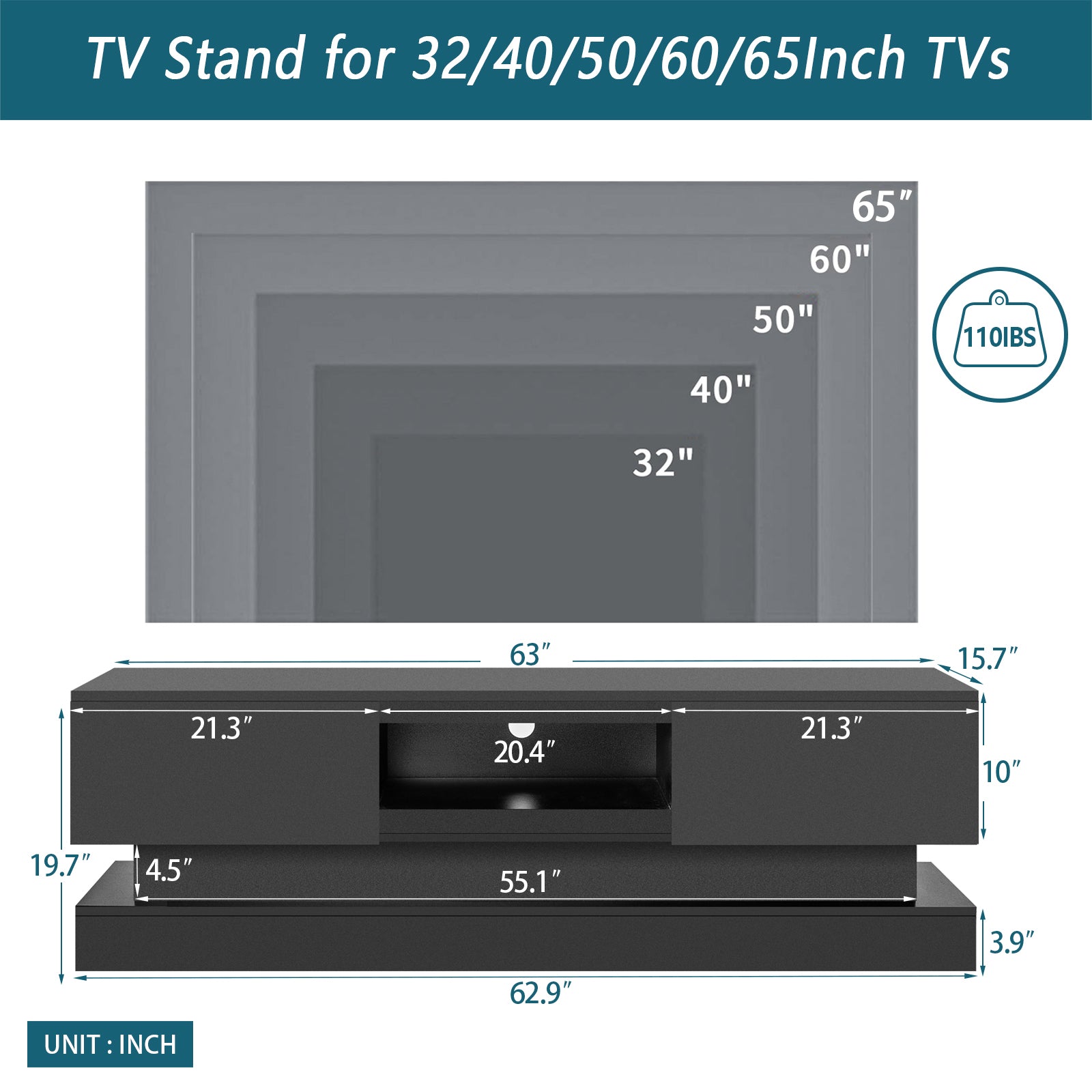 63 inches Modern and Simple Design Television Stand Organizing Cabinet with LED Light- Black