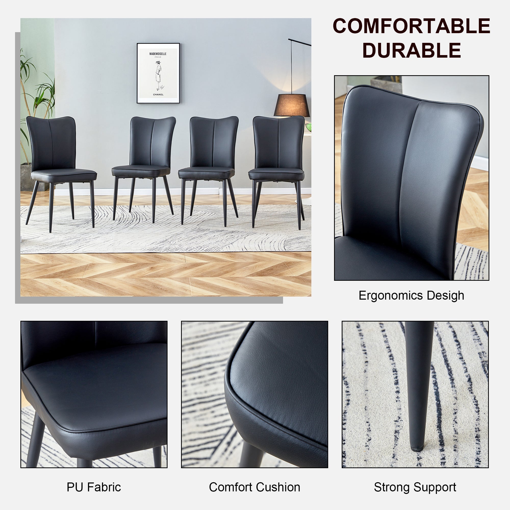 4 Pcs Faux Leather Upholstered Curved Back Dining Chairs with Metal Base- Black, Black