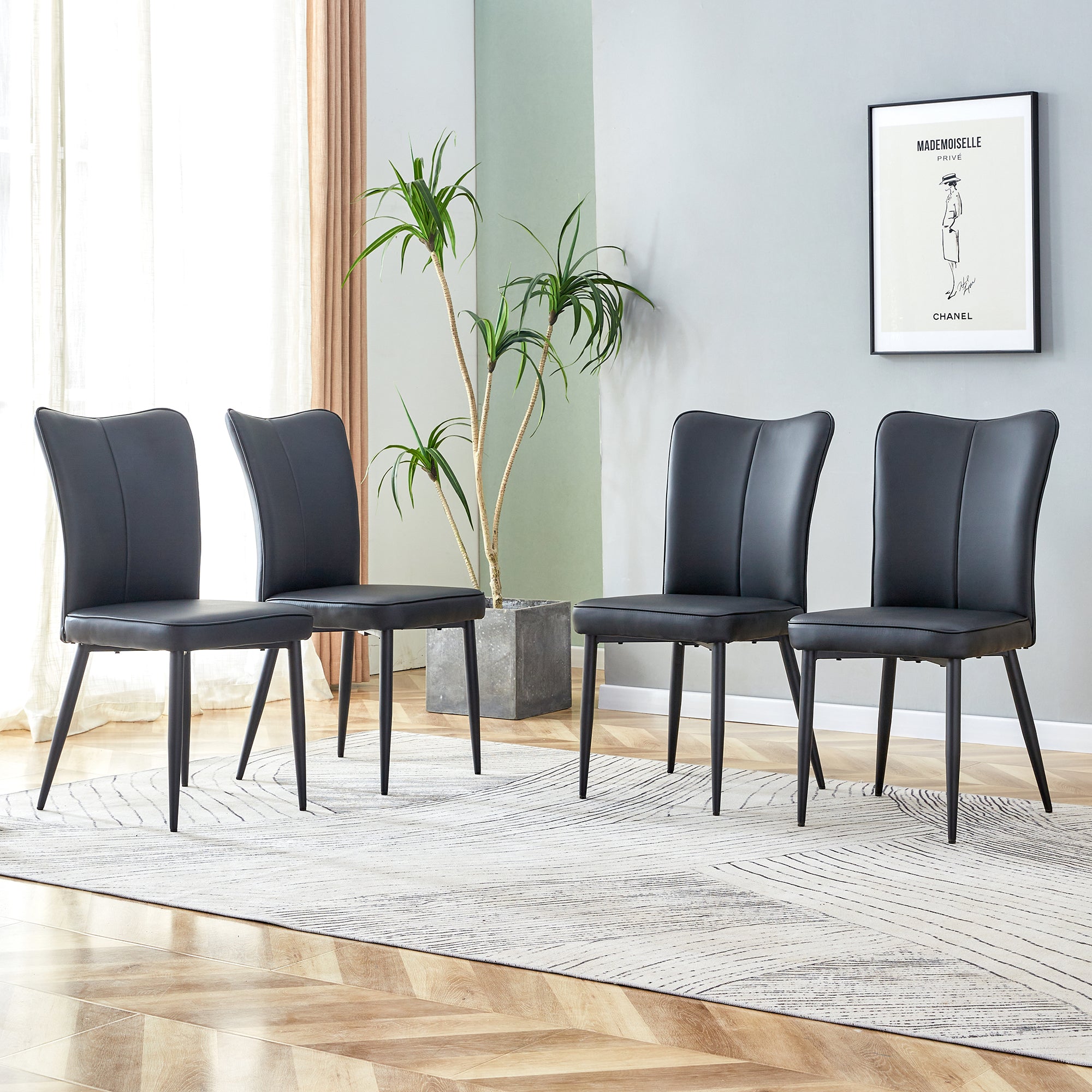4 Pcs Faux Leather Upholstered Curved Back Dining Chairs with Metal Base- Black, Black