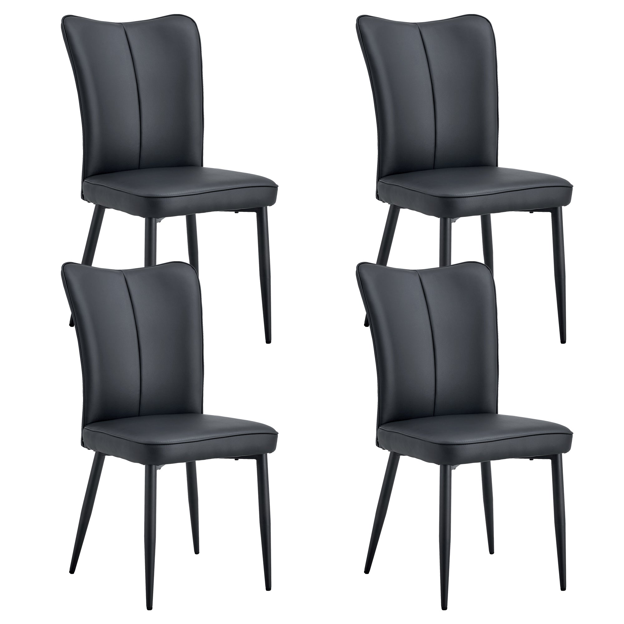 4 Pcs Faux Leather Upholstered Curved Back Dining Chairs with Metal Base- Black, Black