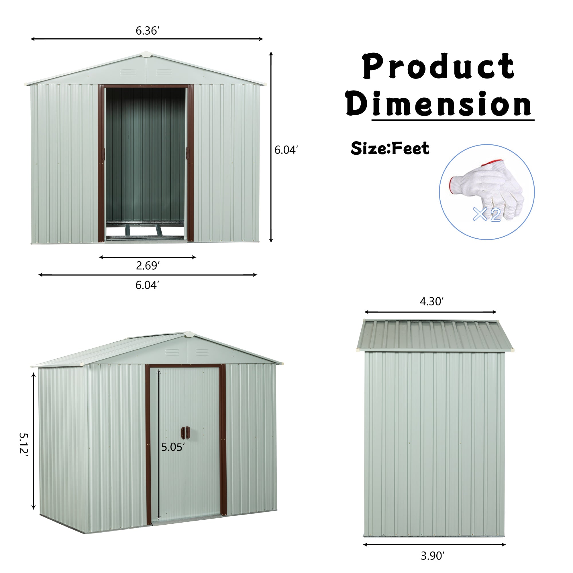 6ft x 5ft Outdoor Storage Shed with Metal Floor-to-Ceiling Lockable Sliding Door- White
