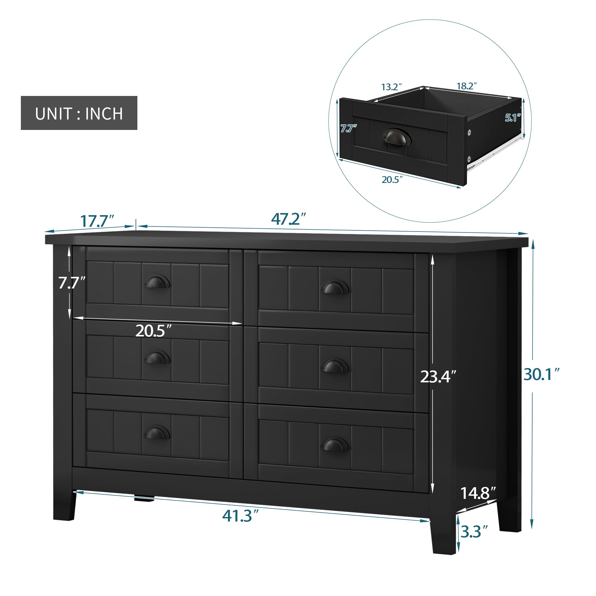 6 Drawers Wood Accent Stylish Dresser Chest and Storage Organizer- Black