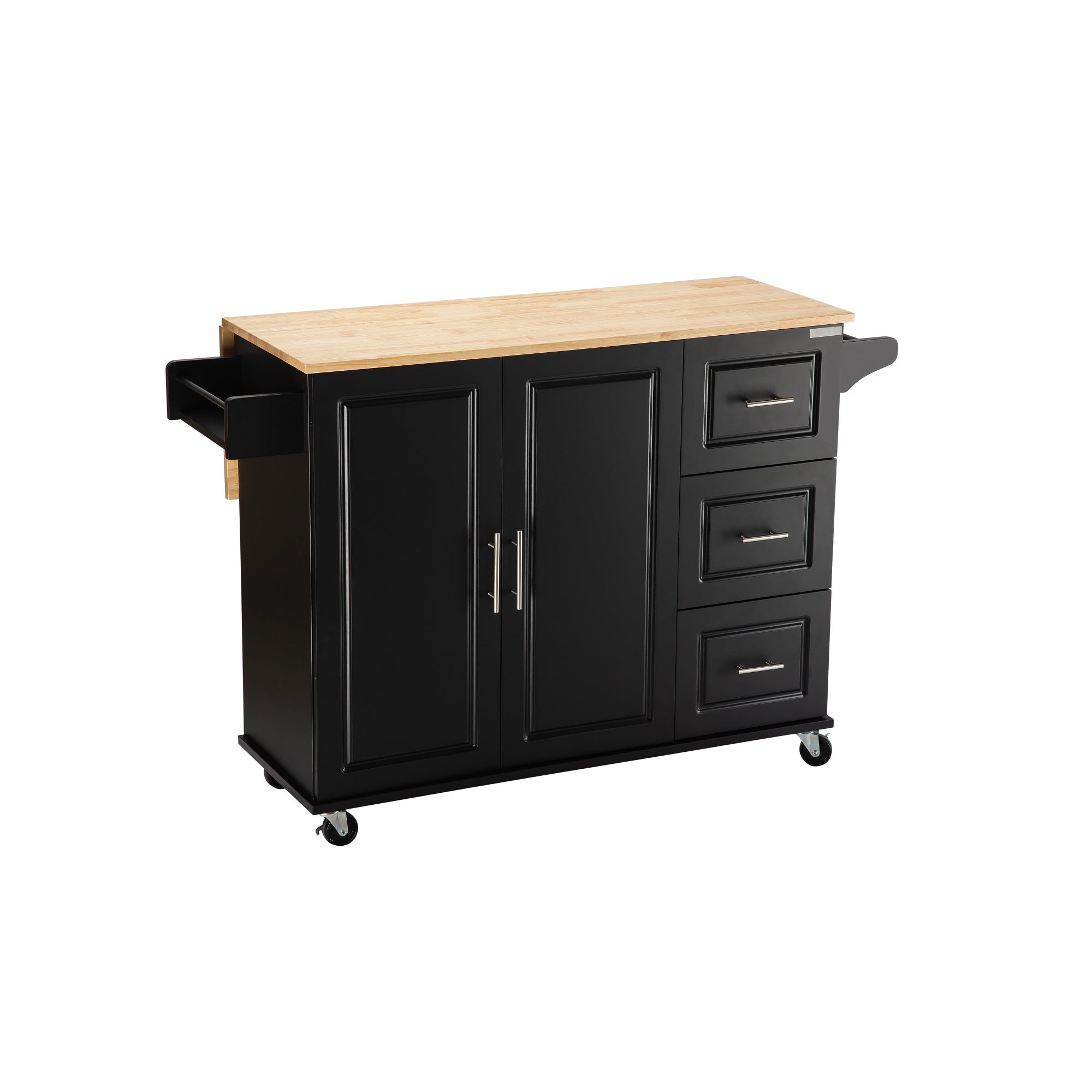 3 Drawers Rubber Wooden Top Utility Kitchen Cart with Adjustable Shelf- Black