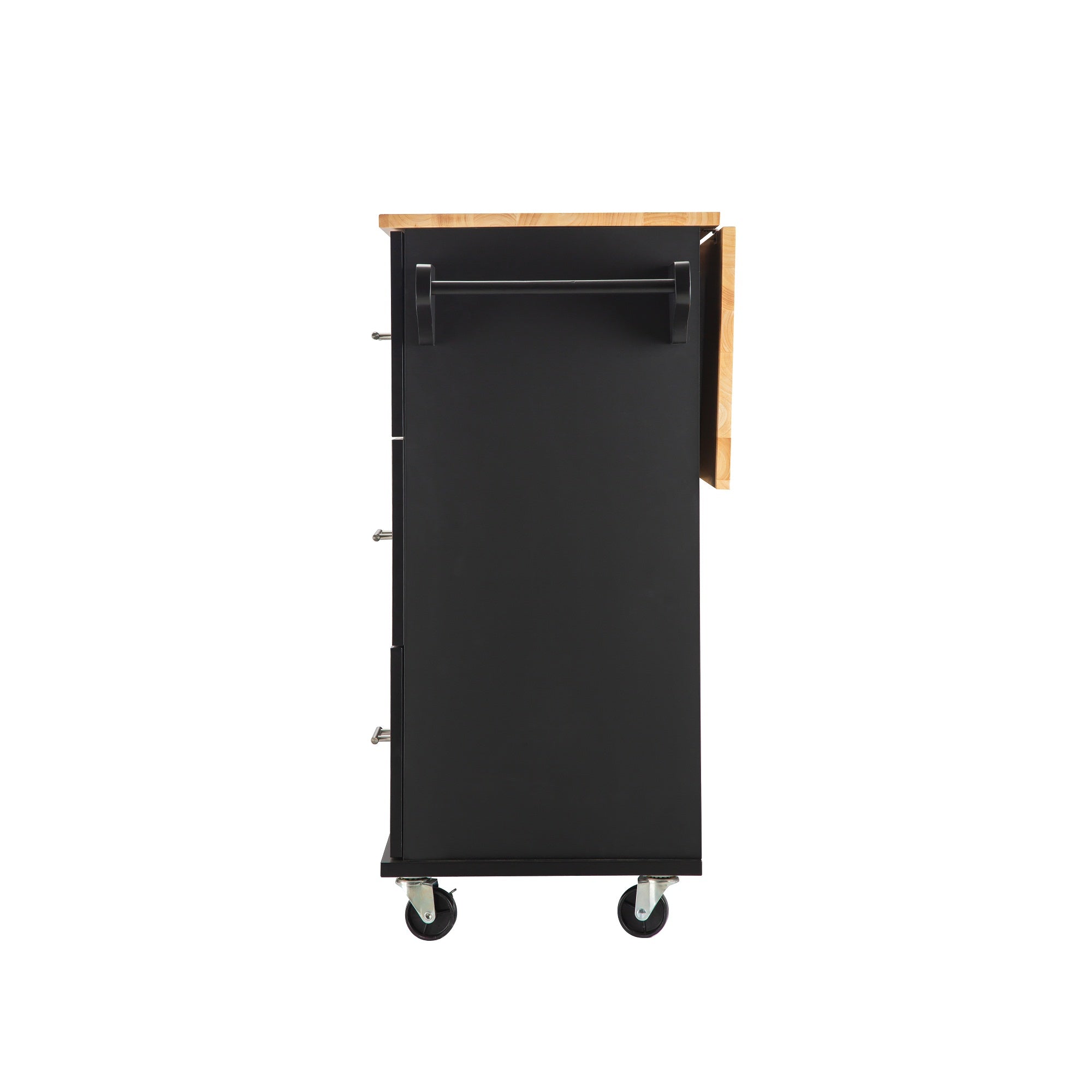 3 Drawers Rubber Wooden Top Utility Kitchen Cart with Adjustable Shelf- Black