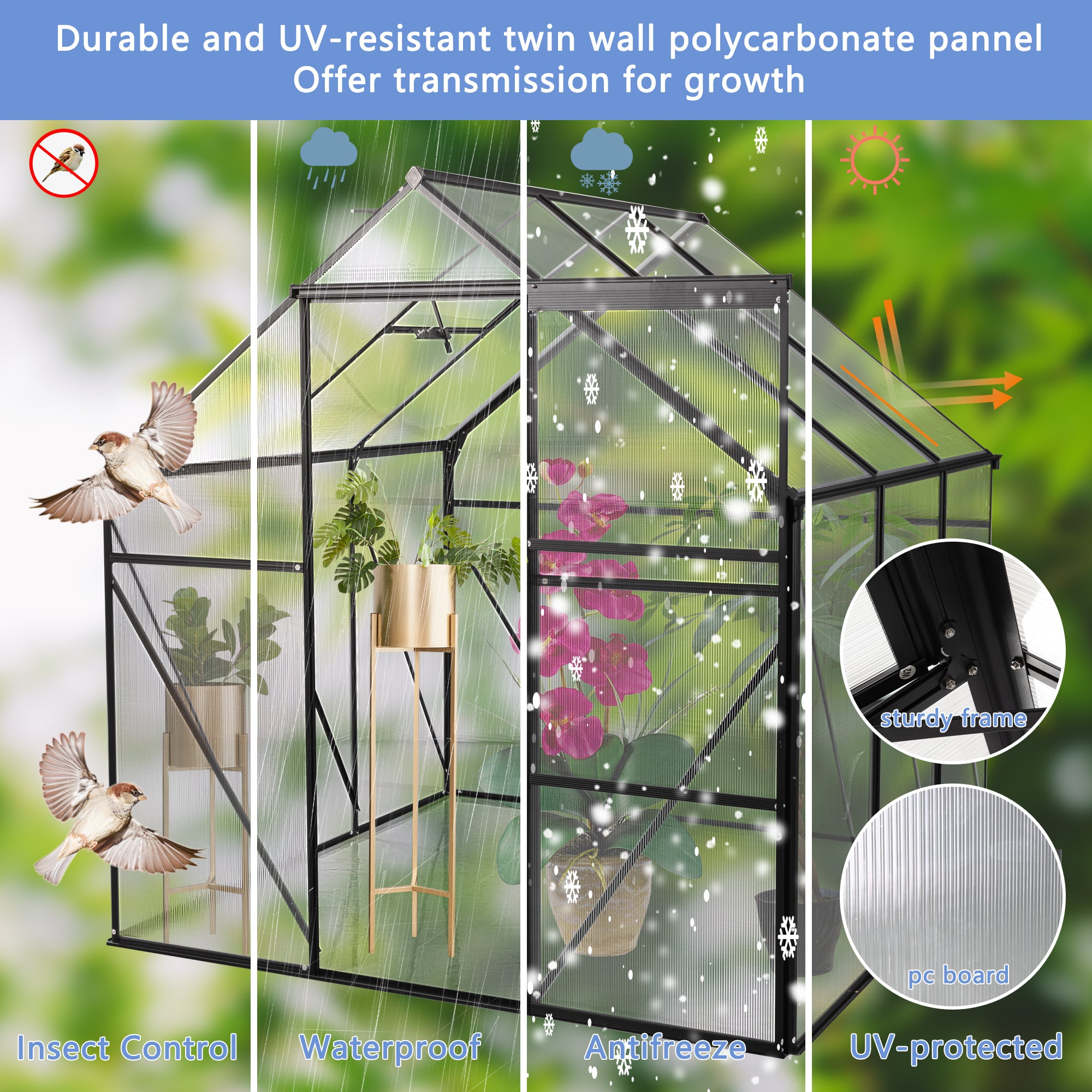 6X6FT Polycarbonate Walk-in Greenhouse Garden for Backyard Planting- Black