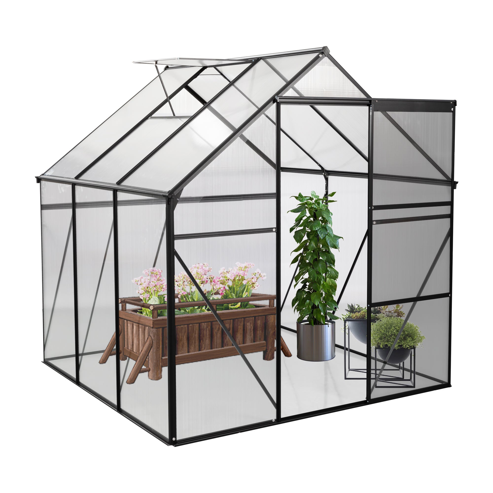6X6FT Polycarbonate Walk-in Greenhouse Garden for Backyard Planting- Black