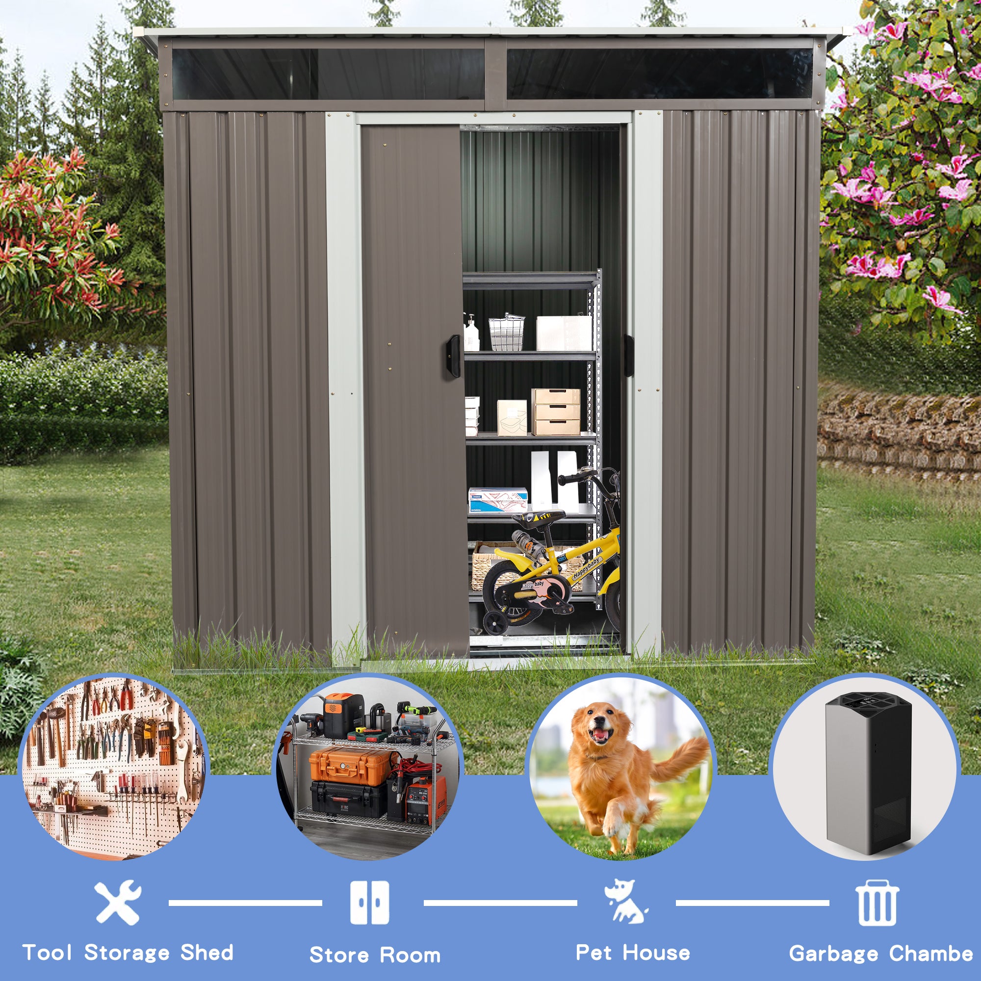6ft x 5ft Outdoor Metal Storage Shed With Window and Transparent Plate- Gray