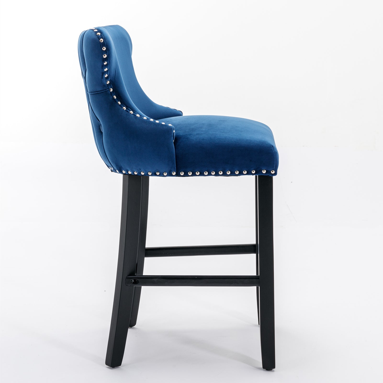 2pcs Chrome Accent Wingback Bar Stools Tufted Velvet with Nailhead and Black Legs- Blue, Black