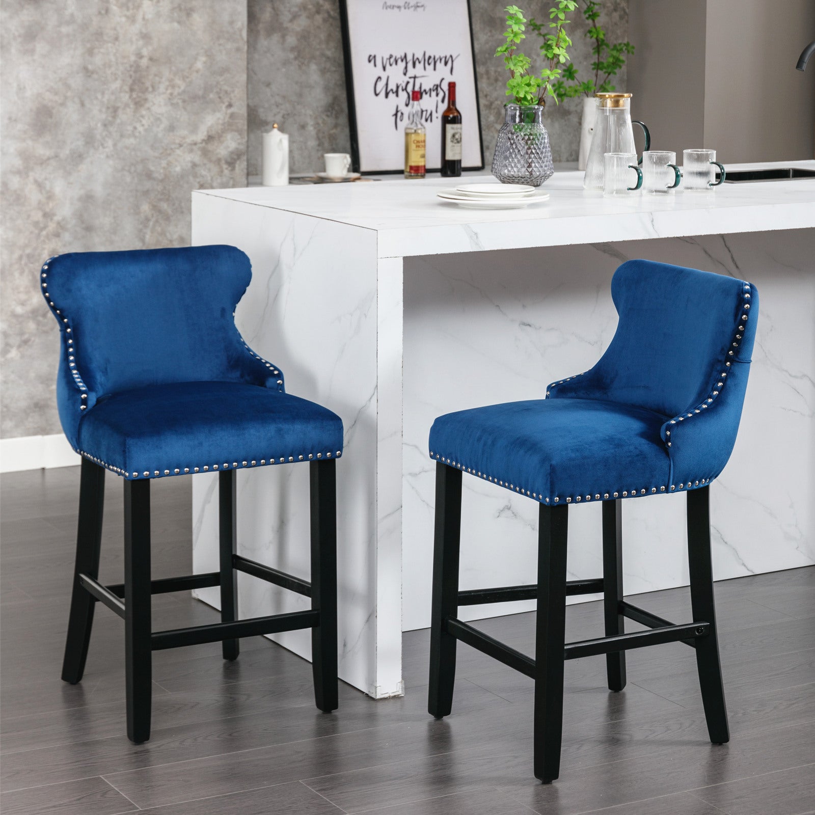 2pcs Chrome Accent Wingback Bar Stools Tufted Velvet with Nailhead and Black Legs- Blue, Black