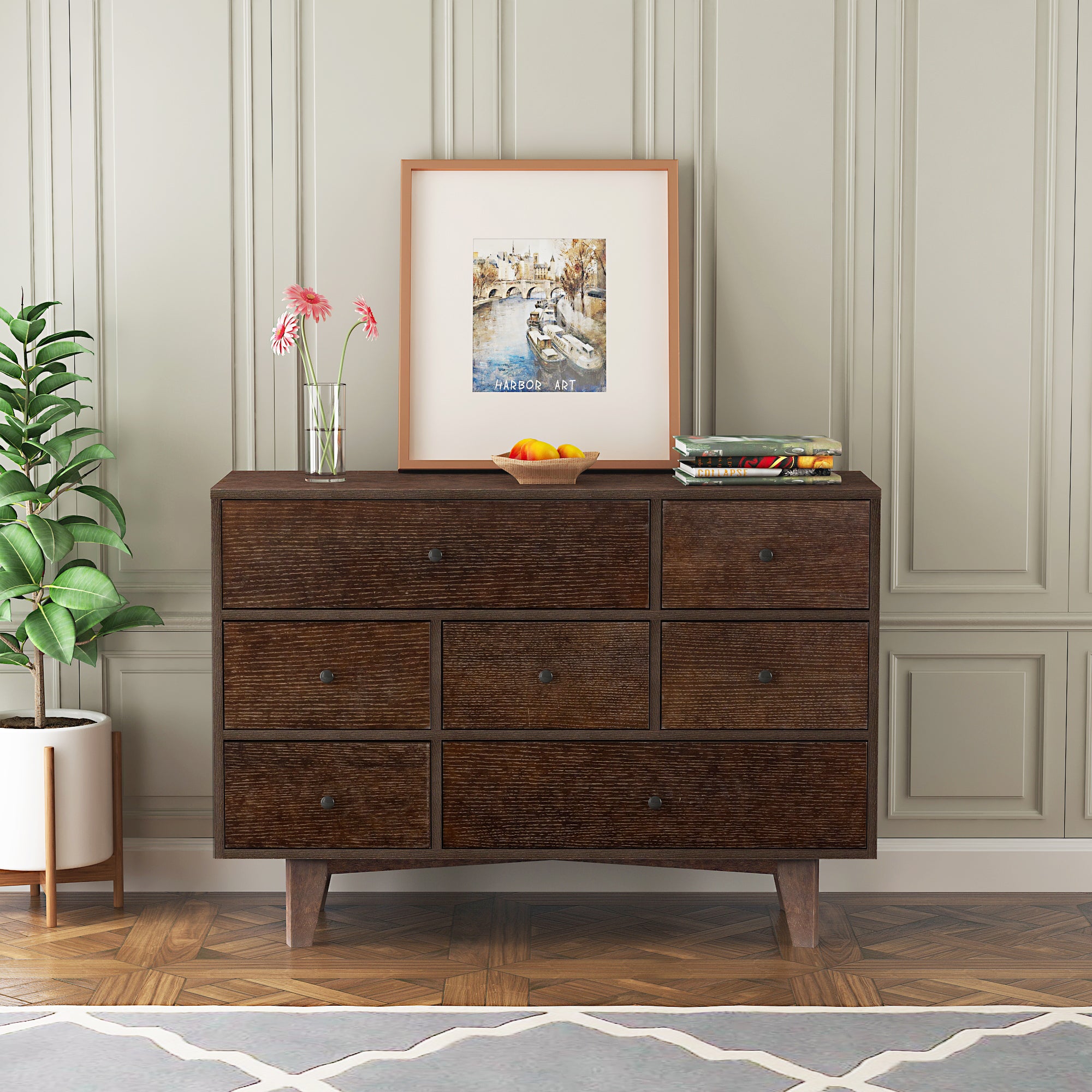 7 Drawers Solid Wood Free Standing Storage Cabinet Dresser Console- Auburn