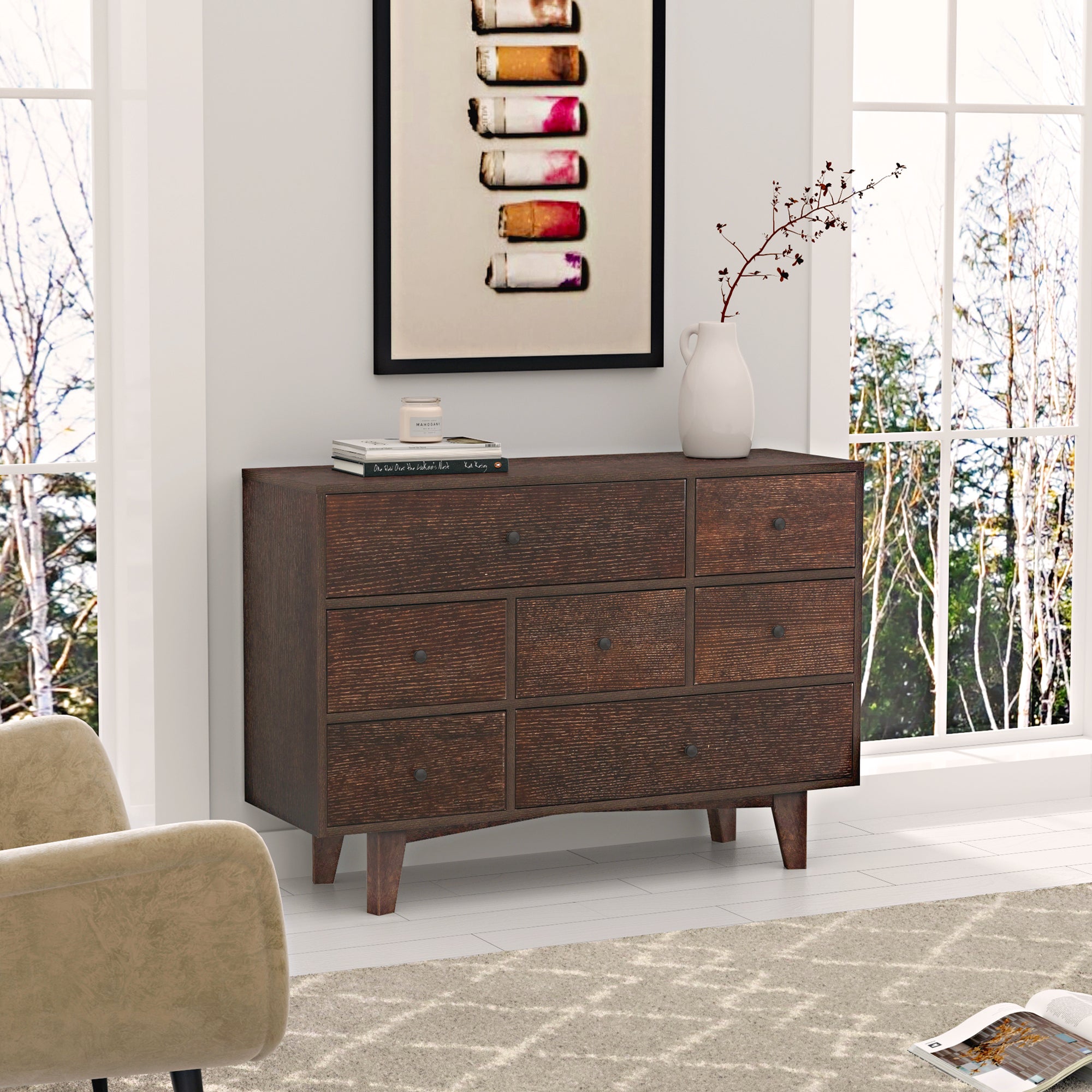 7 Drawers Solid Wood Free Standing Storage Cabinet Dresser Console- Auburn