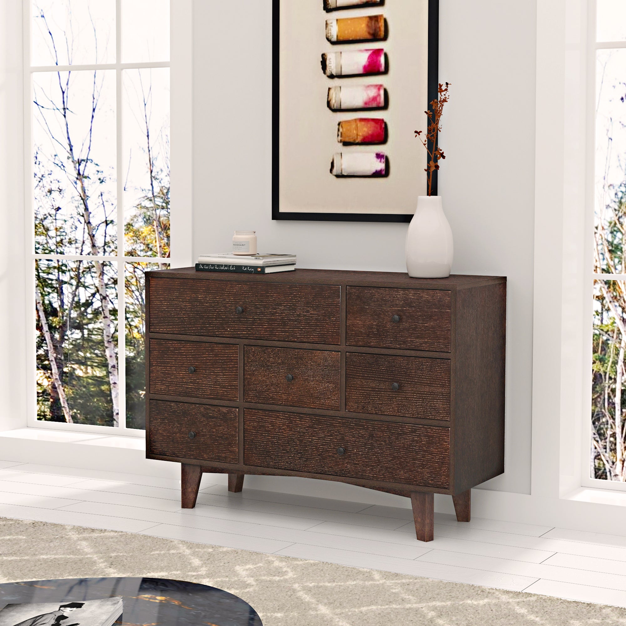 7 Drawers Solid Wood Free Standing Storage Cabinet Dresser Console- Auburn