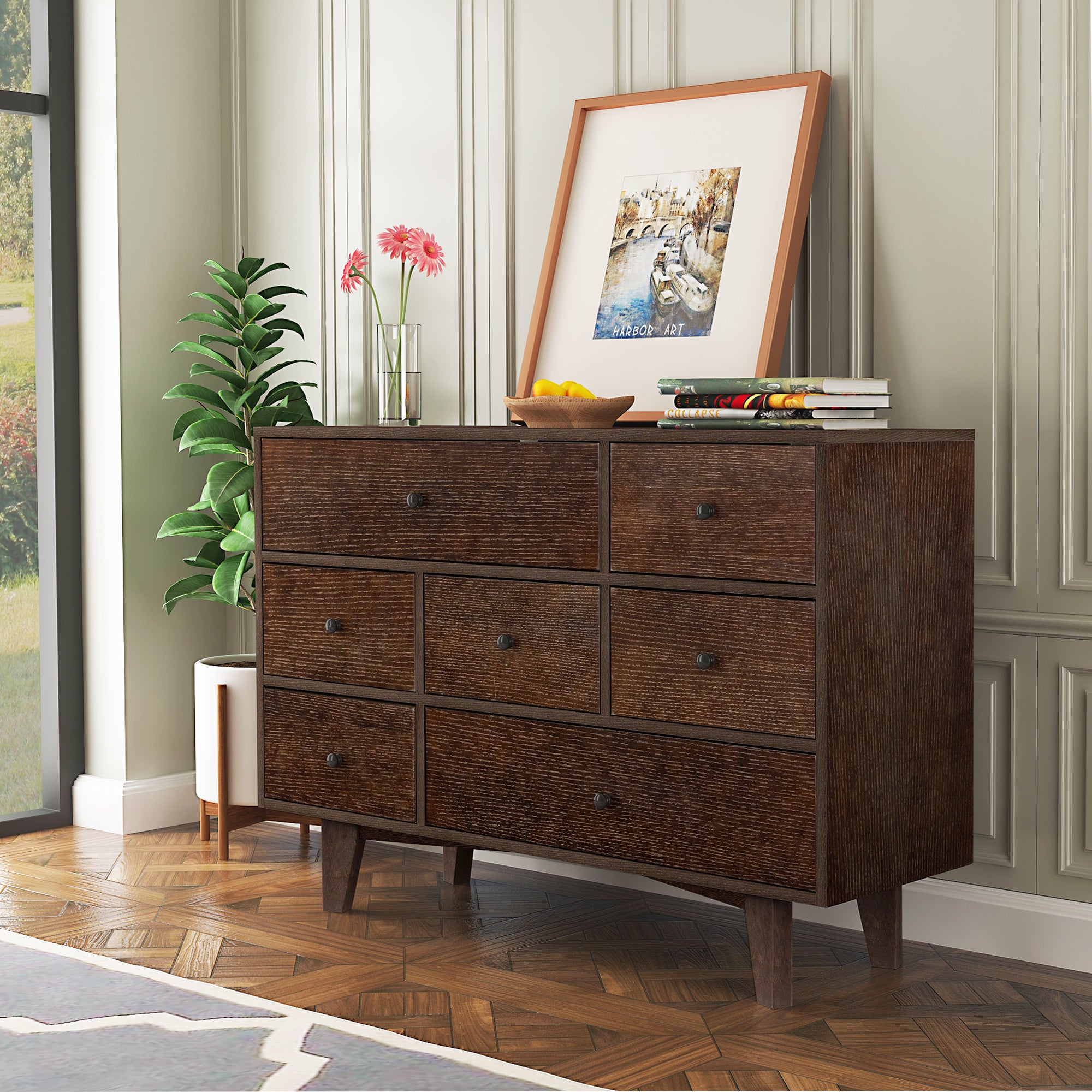 7 Drawers Solid Wood Free Standing Storage Cabinet Dresser Console- Auburn