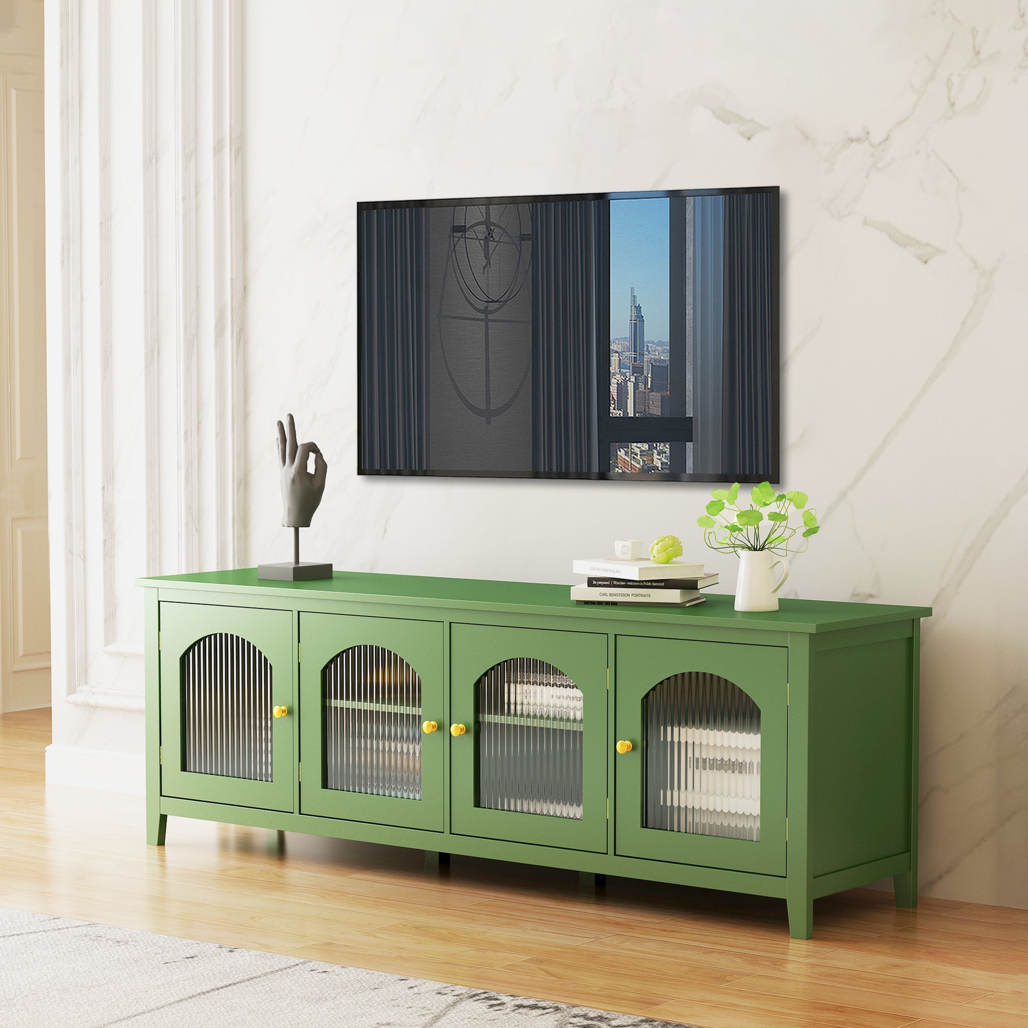71" Stylish Wooden Television Stand Entertainment Center with Glass Door- Geen
