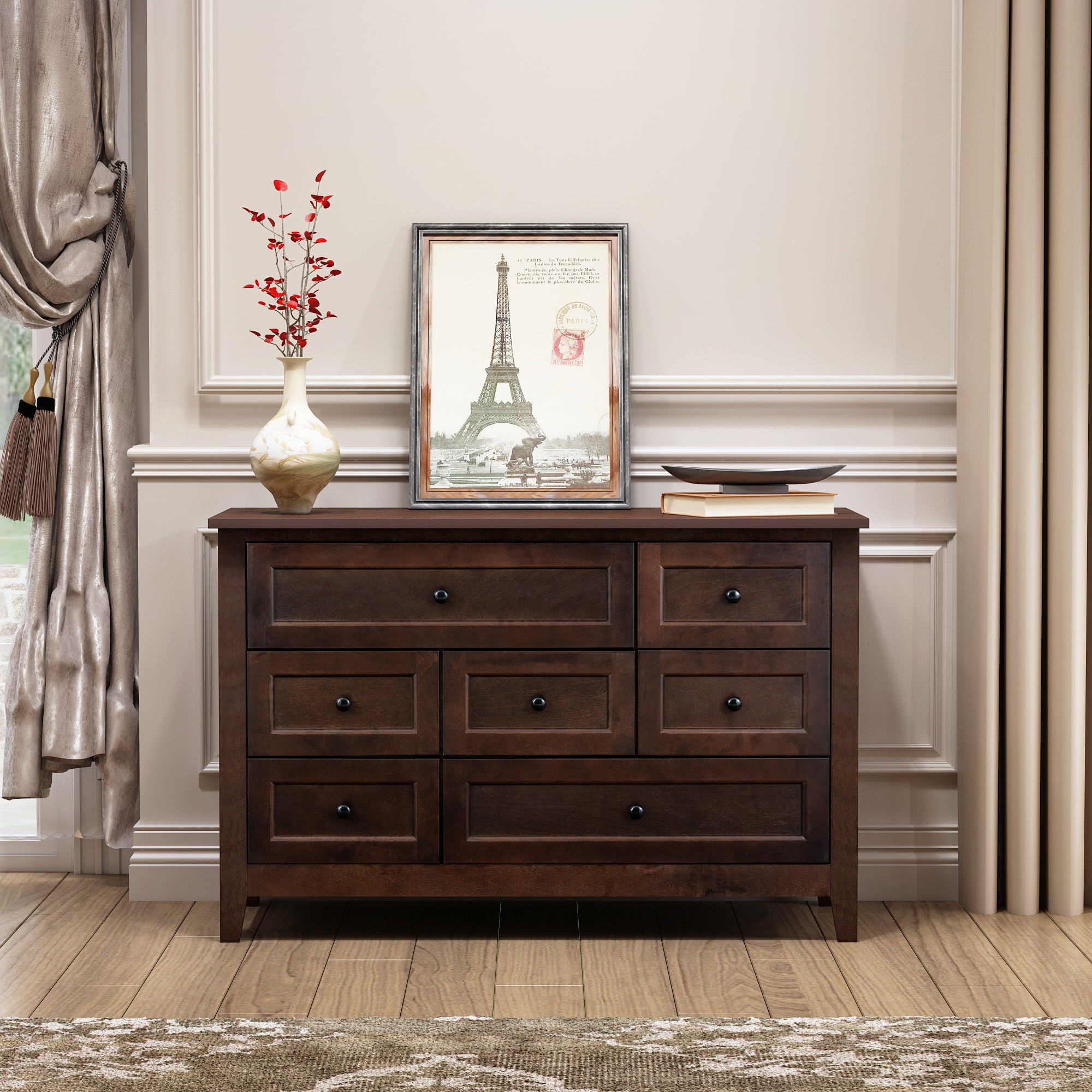 7 Drawer Dresser Solid Wood Spray Painted Buffet Server Console Table- Auburn