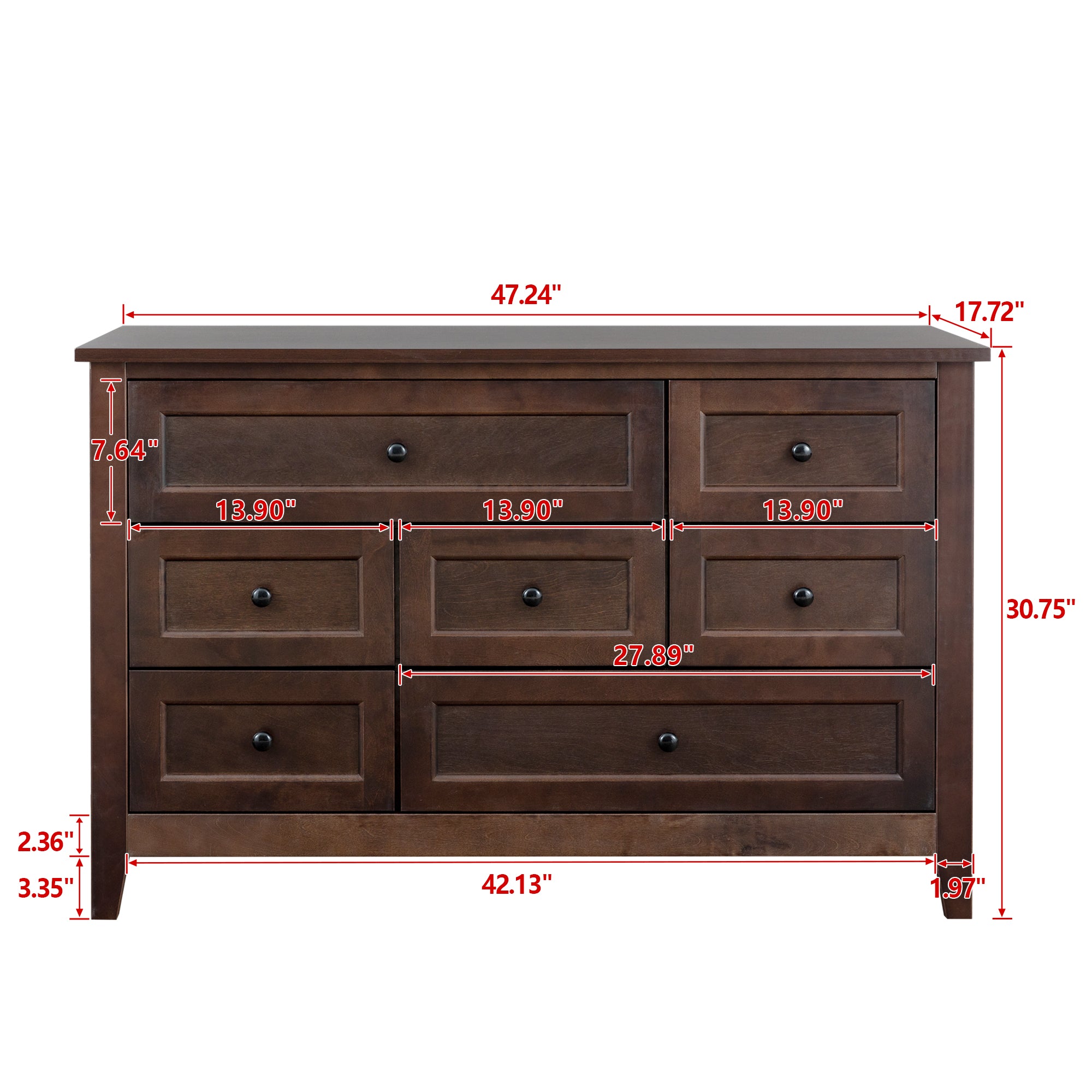 7 Drawer Dresser Solid Wood Spray Painted Buffet Server Console Table- Auburn