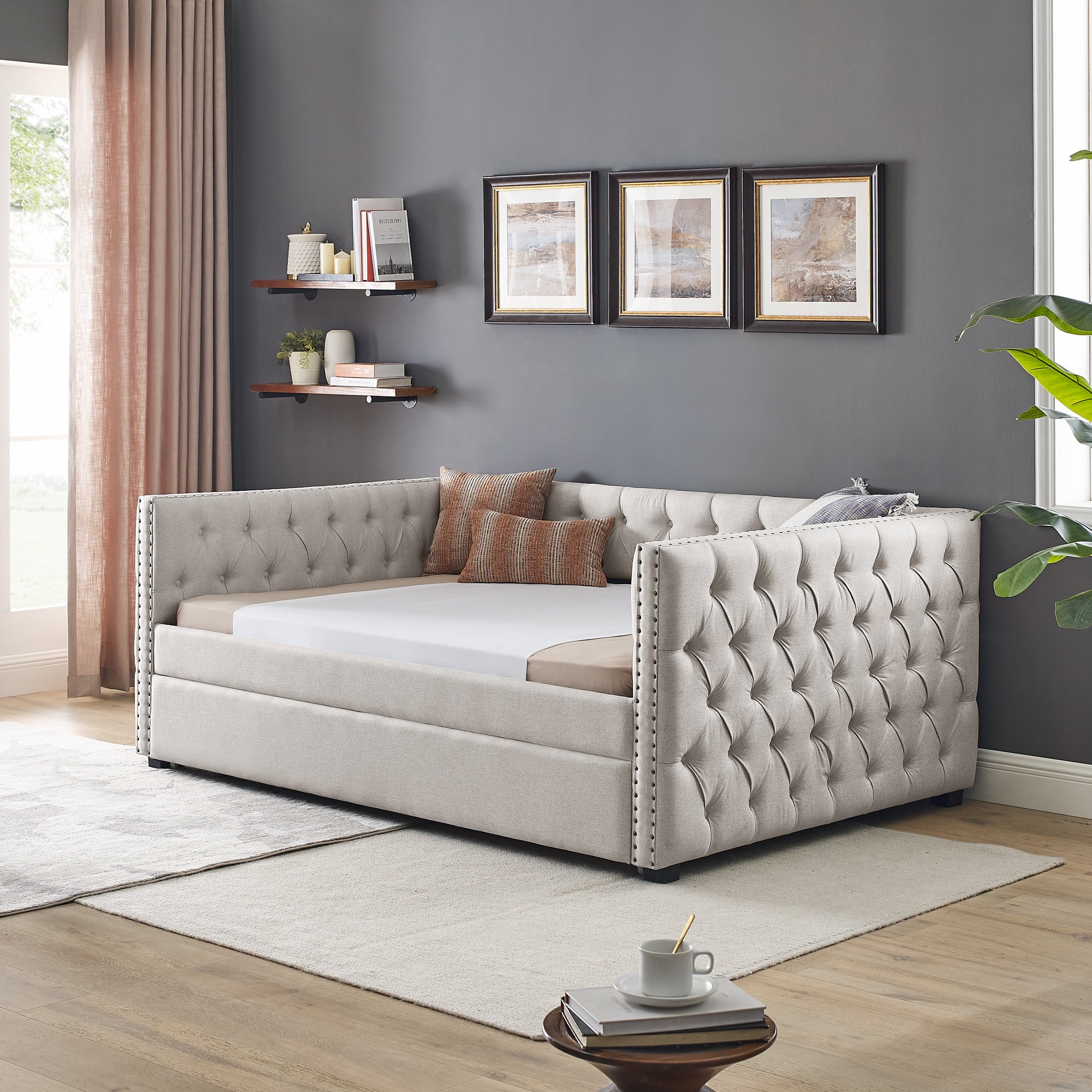 Twin Size Daybed with Trundle Upholstered Tufted Sofa Bed with Button and Copper Nails- Beige, Linen_1