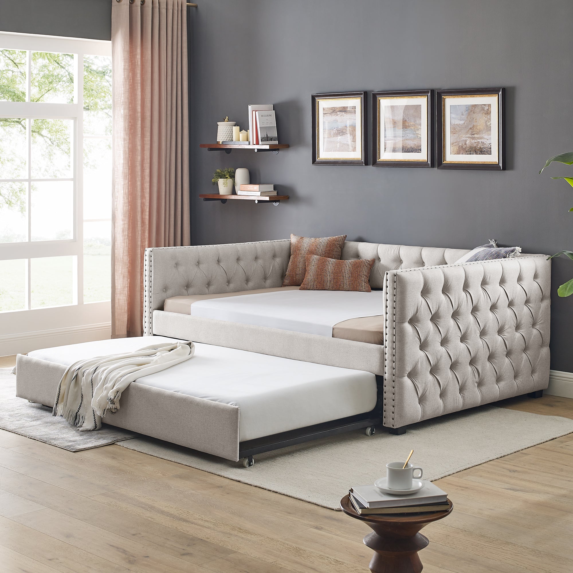 Twin Size Daybed with Trundle Upholstered Tufted Sofa Bed with Button and Copper Nails- Beige, Linen_0