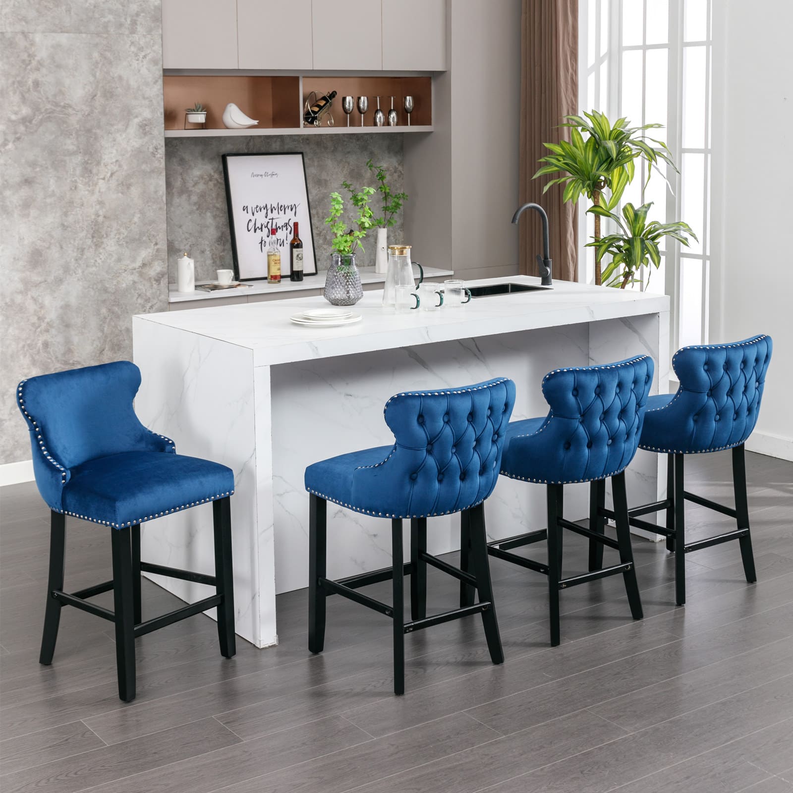 2pcs Chrome Accent Wingback Bar Stools Tufted Velvet with Nailhead and Black Legs- Blue, Black