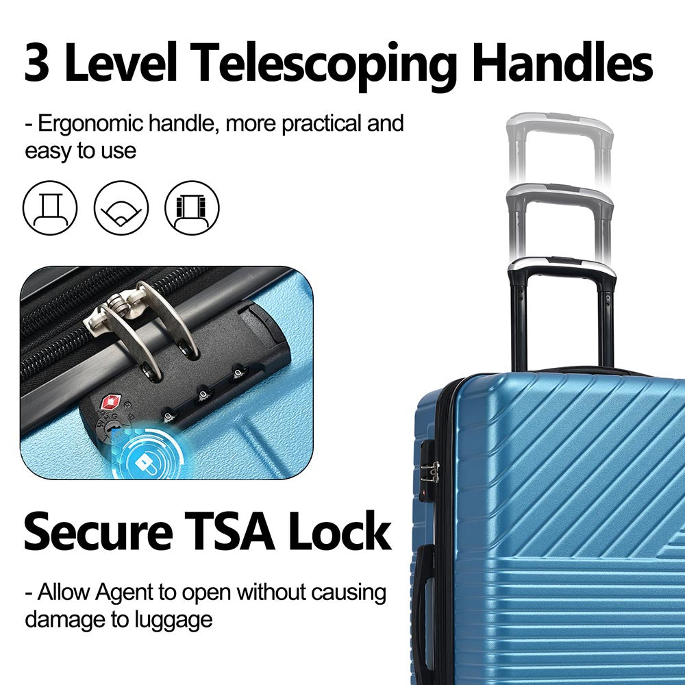 3-Piece Lightweight Hard-shell Luggage Set with Double Spinner Wheels and TSA Lock - Blue