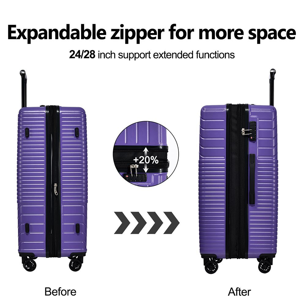 3-Piece Lightweight Hard-shell Luggage Set with Double Spinner Wheels and TSA Lock - Purple