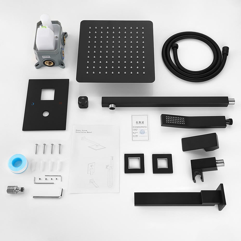 Shower System 16 Inch Square Bathroom Luxury Rain Mixer Shower Combo Set - Black