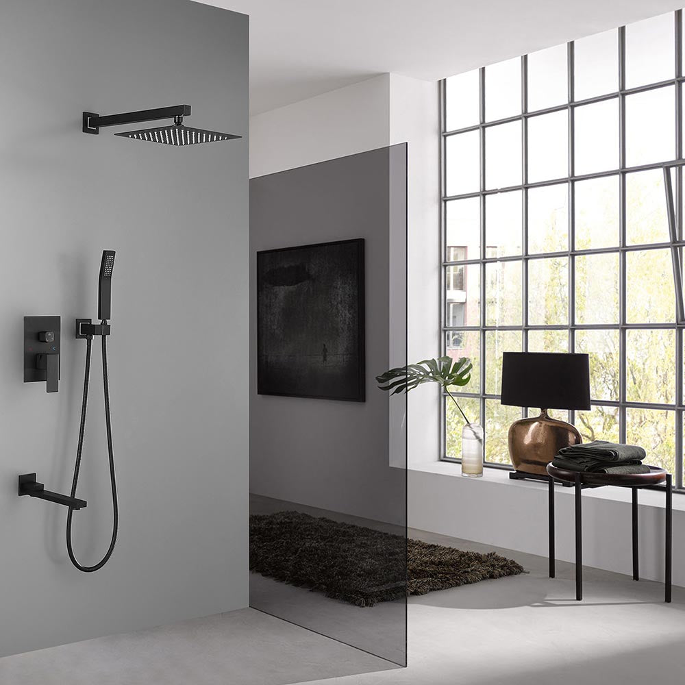 Shower System 16 Inch Square Bathroom Luxury Rain Mixer Shower Combo Set - Black