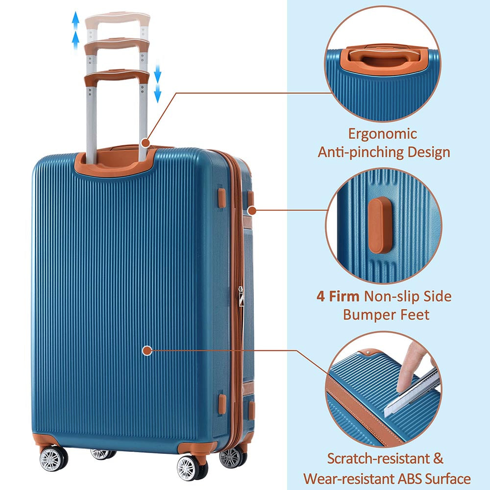 3 Piece Lightweight Hard-shell Luggage Sets double spinner 8 wheels Suitcase with TSA Lock - Blue