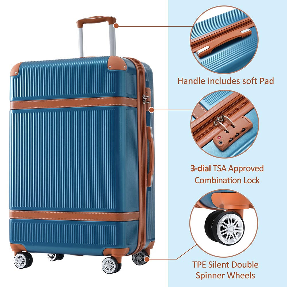 3 Piece Lightweight Hard-shell Luggage Sets double spinner 8 wheels Suitcase with TSA Lock - Blue