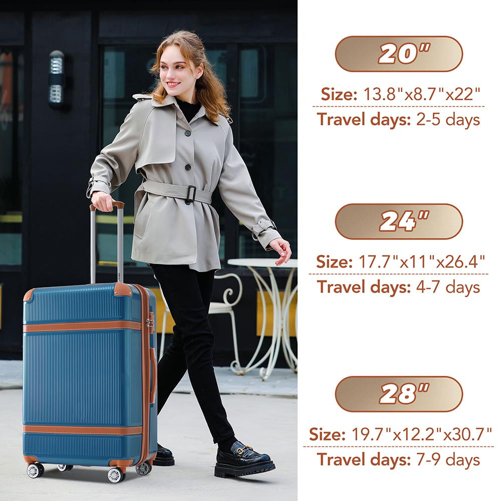 3 Piece Lightweight Hard-shell Luggage Sets double spinner 8 wheels Suitcase with TSA Lock - Blue
