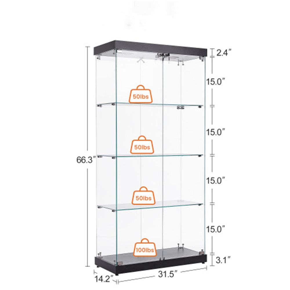 4-Tier Black Glass Display Cabinet with Double Doors & Locks