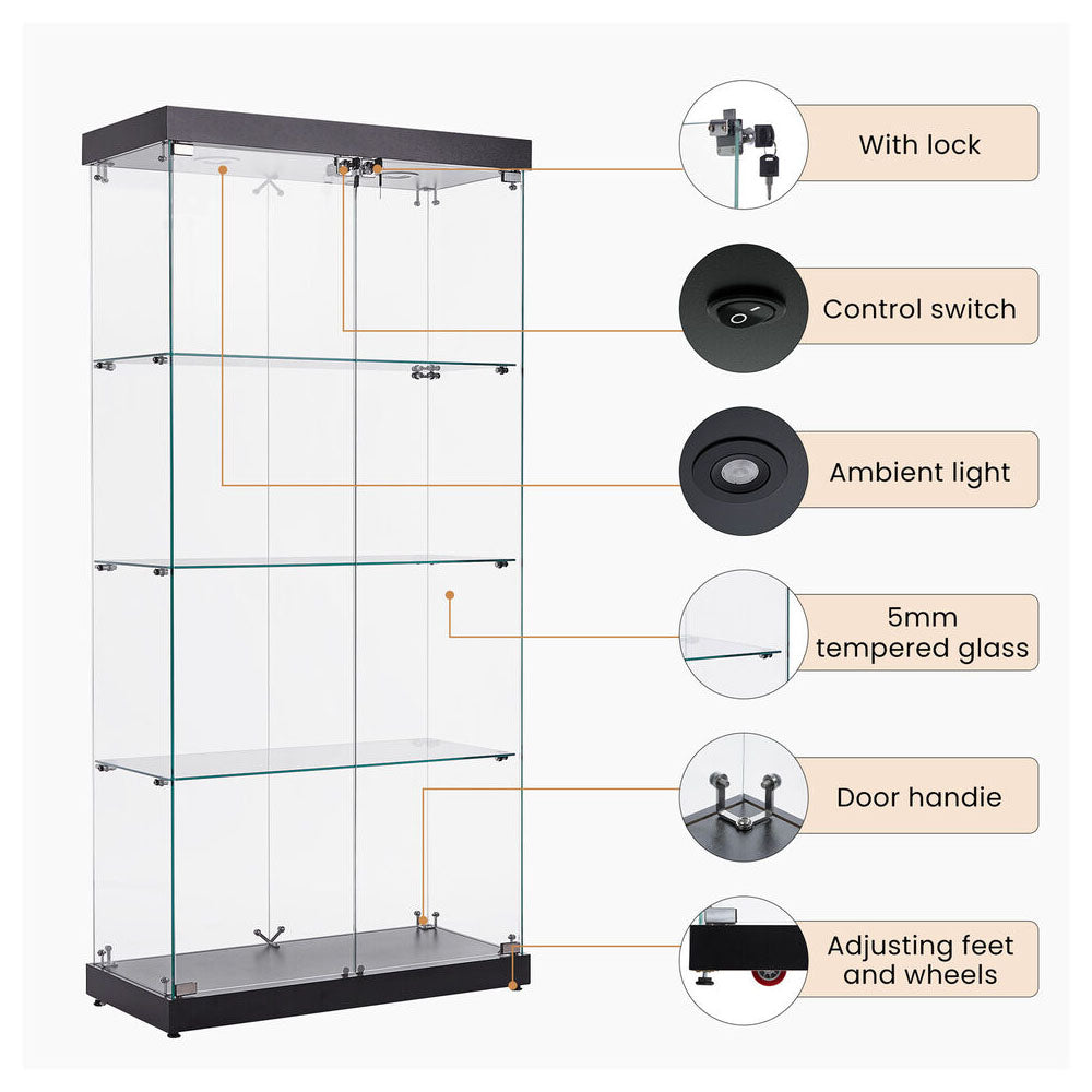 4-Tier Black Glass Display Cabinet with Double Doors & Locks