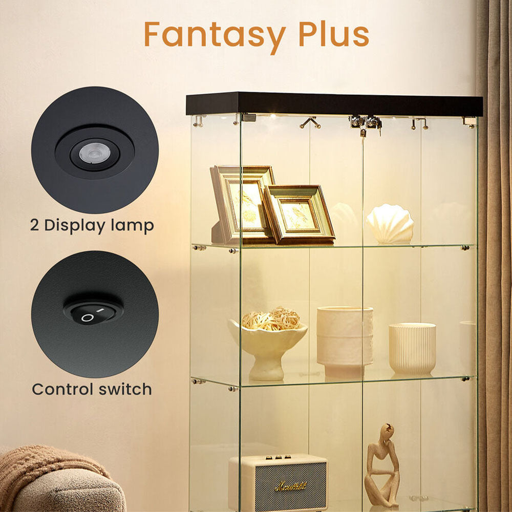 4-Tier Black Glass Display Cabinet with Double Doors & Locks