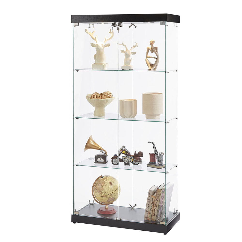 4-Tier Black Glass Display Cabinet with Double Doors & Locks
