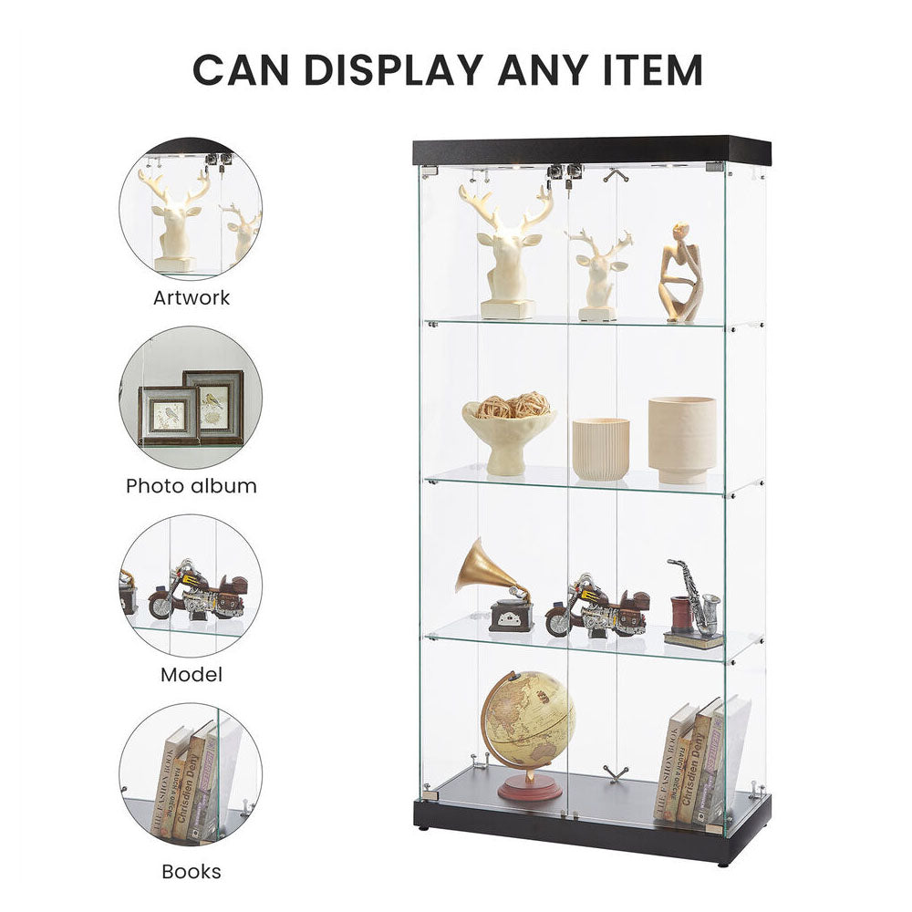 4-Tier Black Glass Display Cabinet with Double Doors & Locks