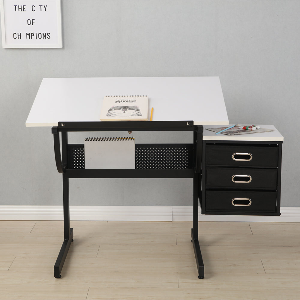 Adjustable Drafting Table with Stool & 3 Drawers - White