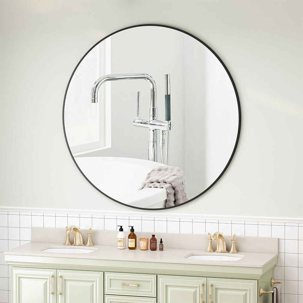 42-Inch Circular Metal Framed Wall Mirror -  Black