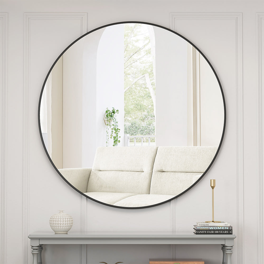48-Inch Oversized Round Metal Framed Mirror - Black