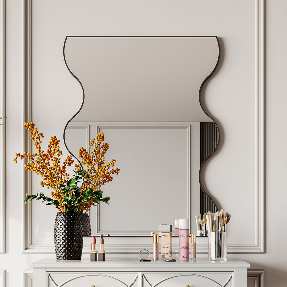 30x35" Black Rectangular Mirror with Wavy Sides - Metal Frame