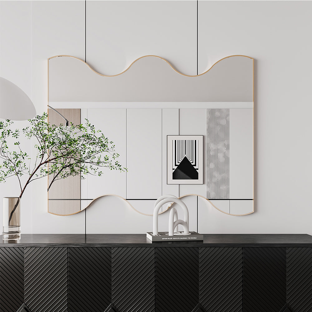 30x35 Inch Rectangular Mirror with Wavy Sides - Golden
