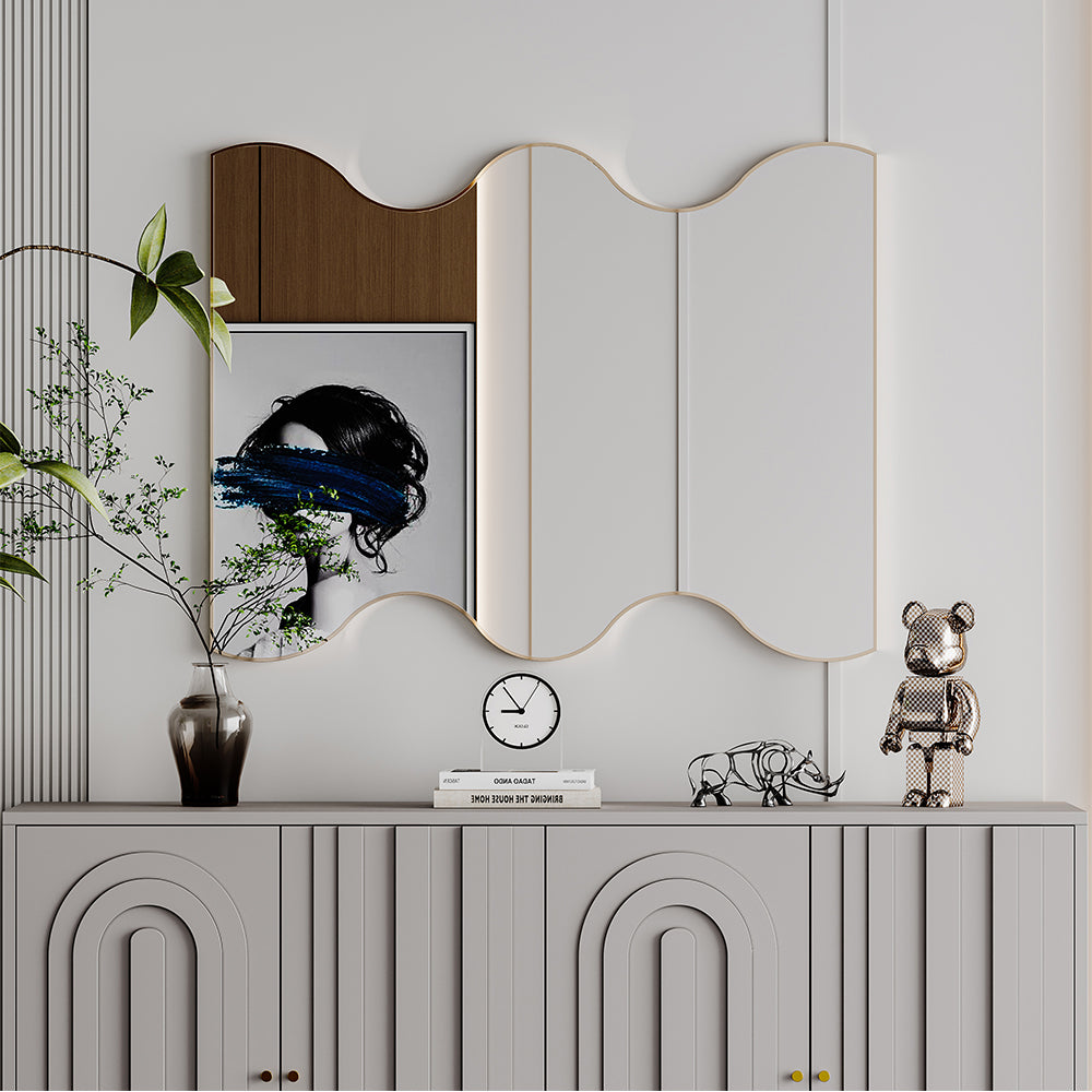 30x35 Inch Rectangular Mirror with Wavy Sides - Golden