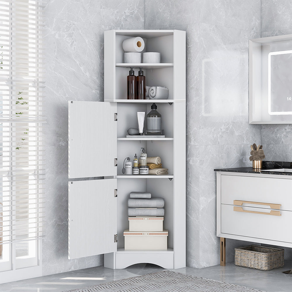 Tall Corner Bathroom Cabinet with Adjustable Shelves - White
