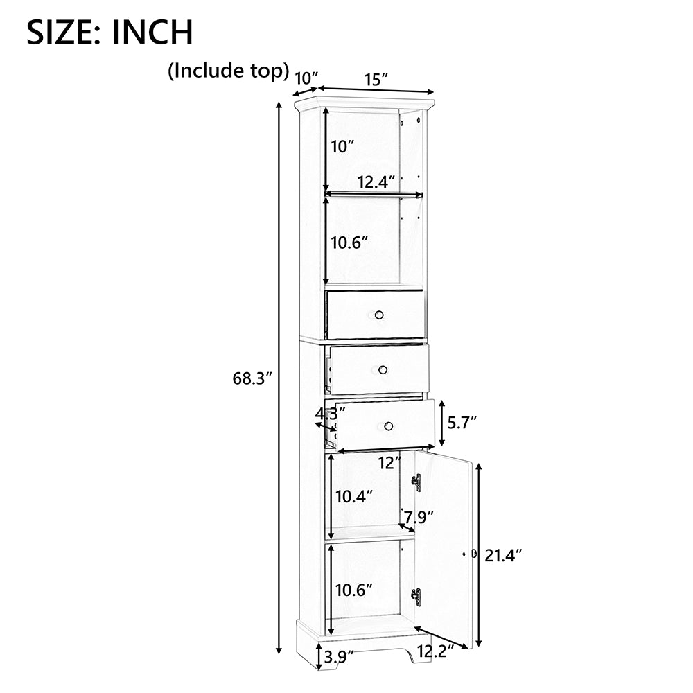 Tall Freestanding Bathroom Cabinet with 3 Drawers & Adjustable Shelf - White