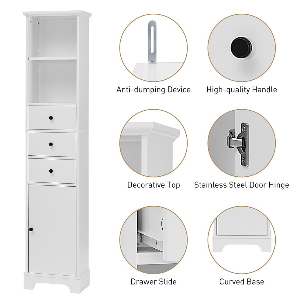 Tall Freestanding Bathroom Cabinet with 3 Drawers & Adjustable Shelf - White