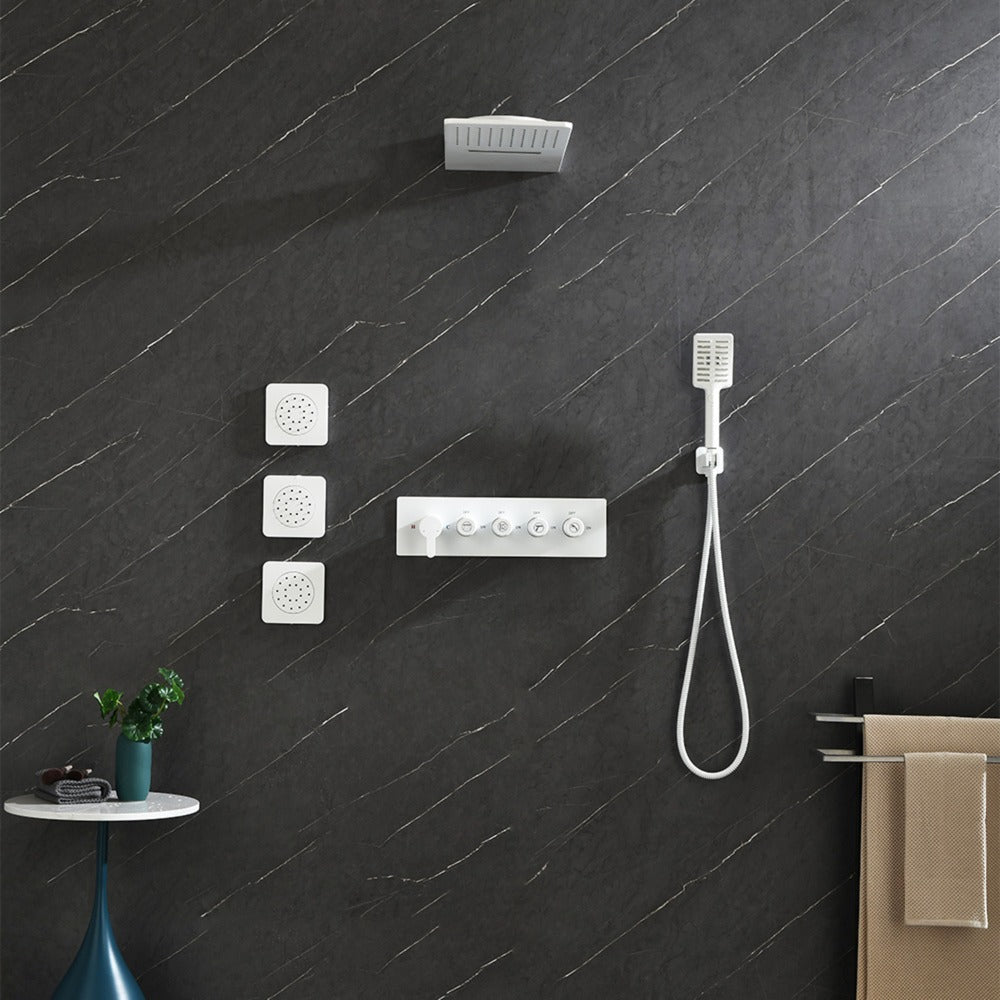 Wall Mounted Waterfall Rain Shower System With 3 Body Sprays & Handheld Shower - White