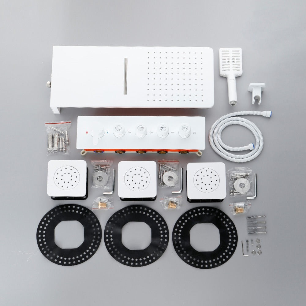 Wall Mounted Waterfall Rain Shower System With 3 Body Sprays & Handheld Shower - White
