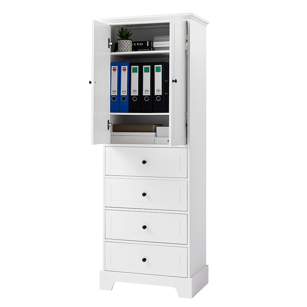 2-Doors & 4-Drawer Cabinet with Adjustable Shelf - White